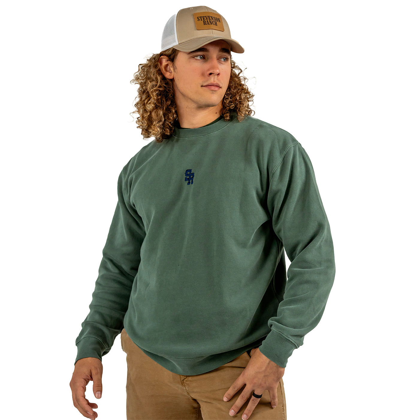 Cuello redondo con parche de cuero (verde)
