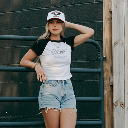 Womens Bullpen Raglan Baby Tee (White/Black)