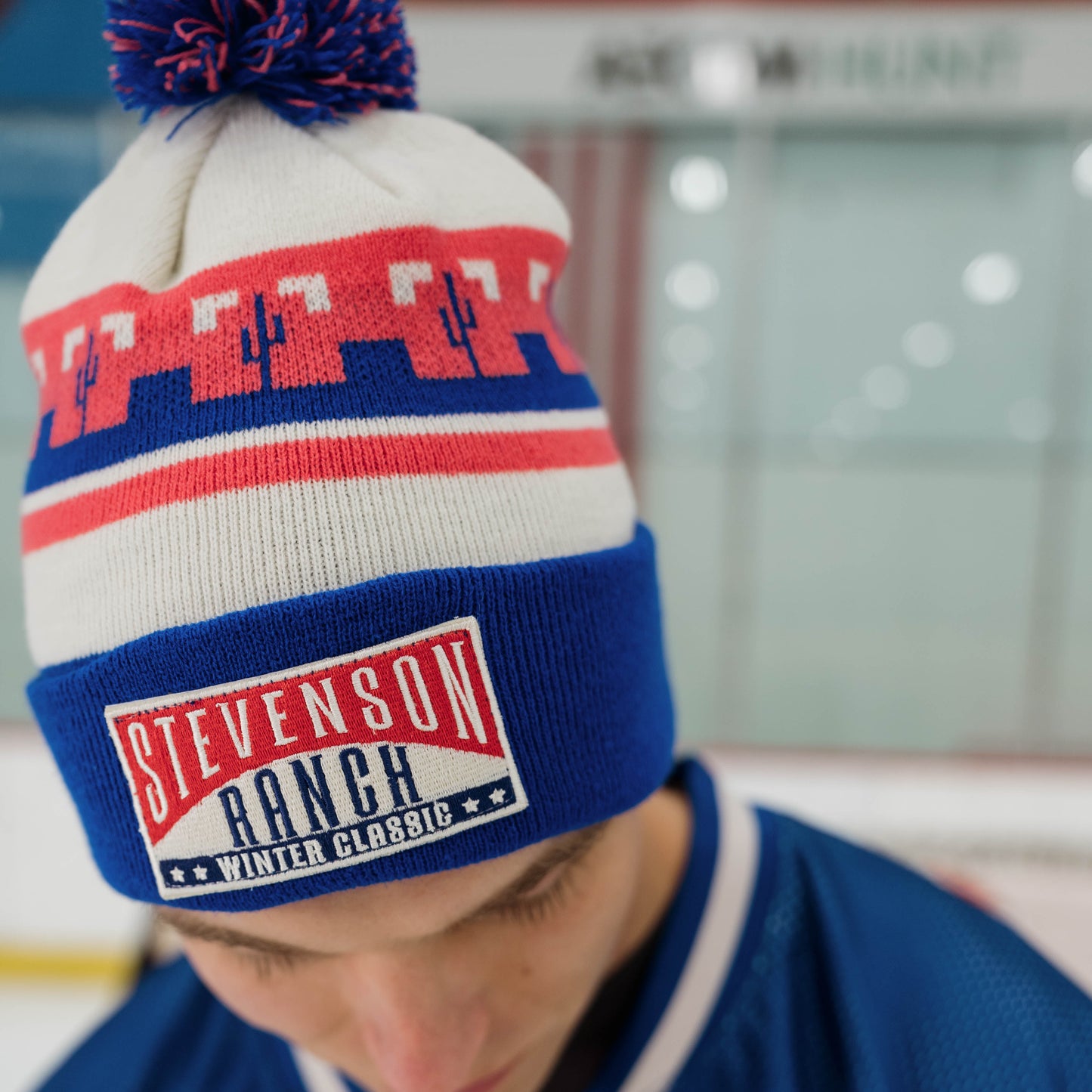 Winter Classic Knit Pom Beanie (Cream/Blue/Red)