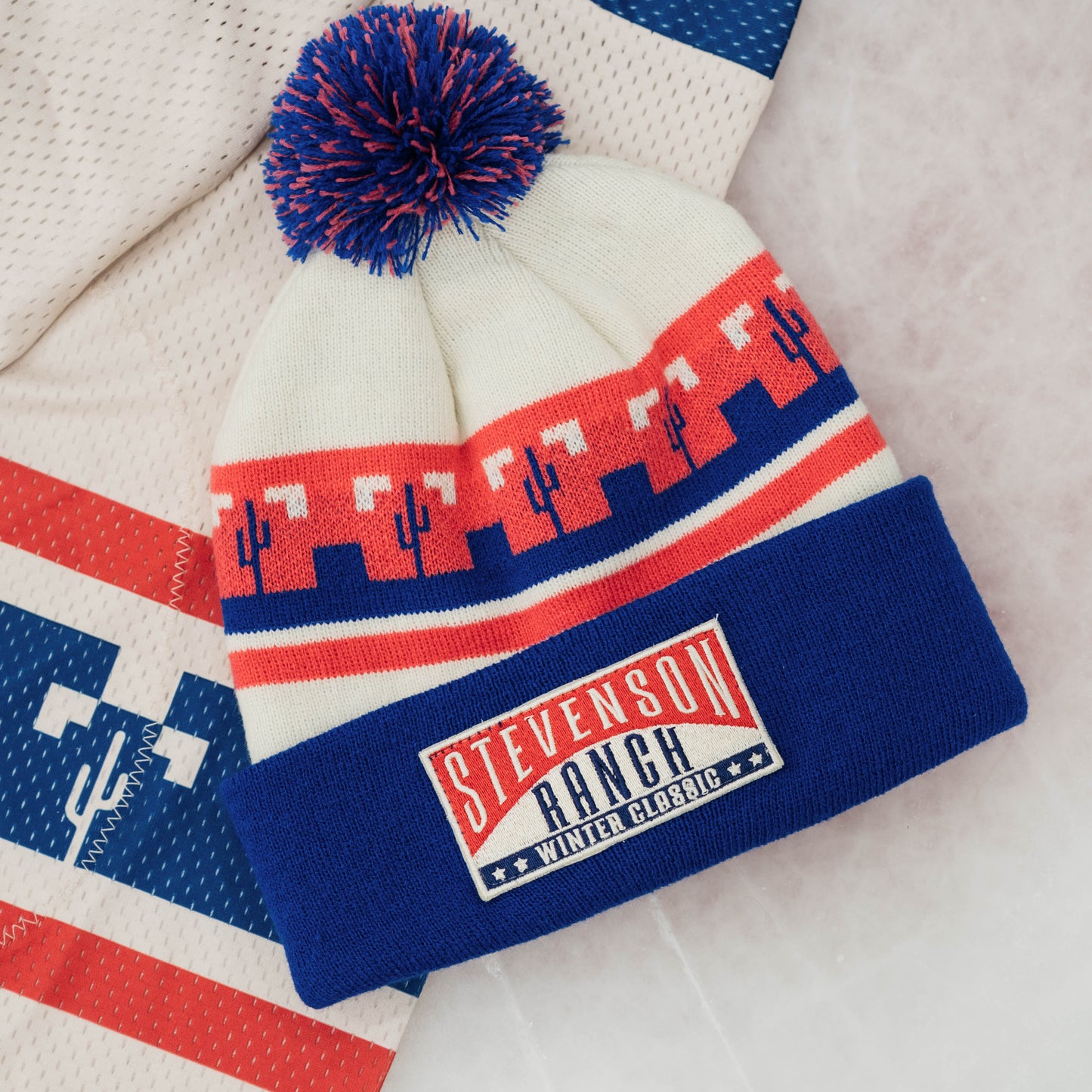 Winter Classic Knit Pom Beanie (Cream/Blue/Red)