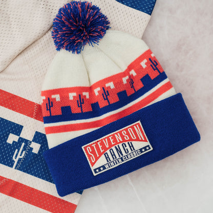 Winter Classic Knit Pom Beanie (Cream/Blue/Red)